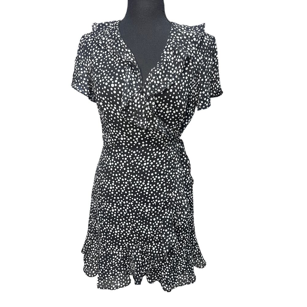 Lush Francesca’s Women XS Black White Polka Dot Ruffle Wrap Dress summer brunch - Picture 2 of 9